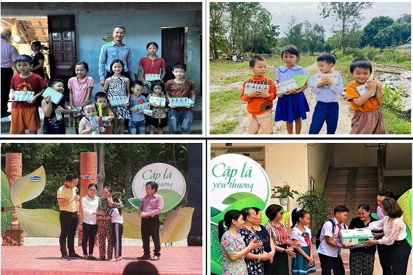 Các bạn nhỏ tại Nghệ An, Quảng Trị, Vĩnh Long và Đà Nẵng nhận hỗ trợ từ Vinamilk và chương trình “Cặp lá yêu thương” trong những năm trước.