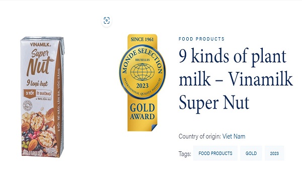 Sữa 9 Loại hạt Vinamilk Super Nut được vinh danh Giải Vàng theo Monde Selection.