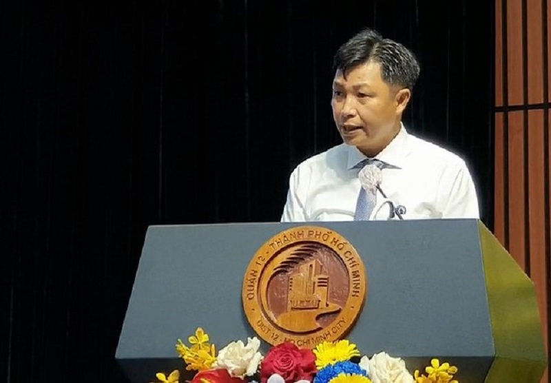 ông Nguyễn Đức Quân – Chủ tịch UBND quận 12, TP.HCM, phát biểu tại Lễ kỷ niện 25 năm thành lập quận.