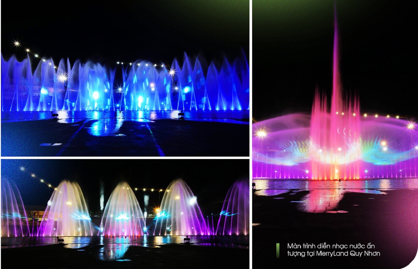 Các màn trình diễn nhạc nước tại MerryLand Quy Nhơn được tạo tác bởi Laservision – “tác giả” của những show diễn nhạc nước, ánh sáng biểu tượng tại Hồng Kông, Dubai. 