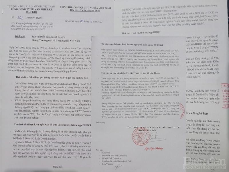 Văn bản cung cấp thông tin liên quan đến những nội dung tố cáo của cổ đông do TGĐ PVE Ngô Ngọc Thường ký gửi DĐDN.