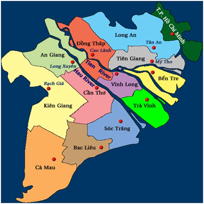 ĐBSCL có 13 đơn vị hành chính bao gồm: 1 thành phố trực thuộc Trung ương (Cần Thơ) và 12 tỉnh (Long An, Đồng Tháp, An Giang, Tiền Giang, Bến Tre, Vĩnh Long, Trà Vinh, Hậu Giang, Kiên Giang, Sóc Trăng, Bạc Liêu và Cà Mau).