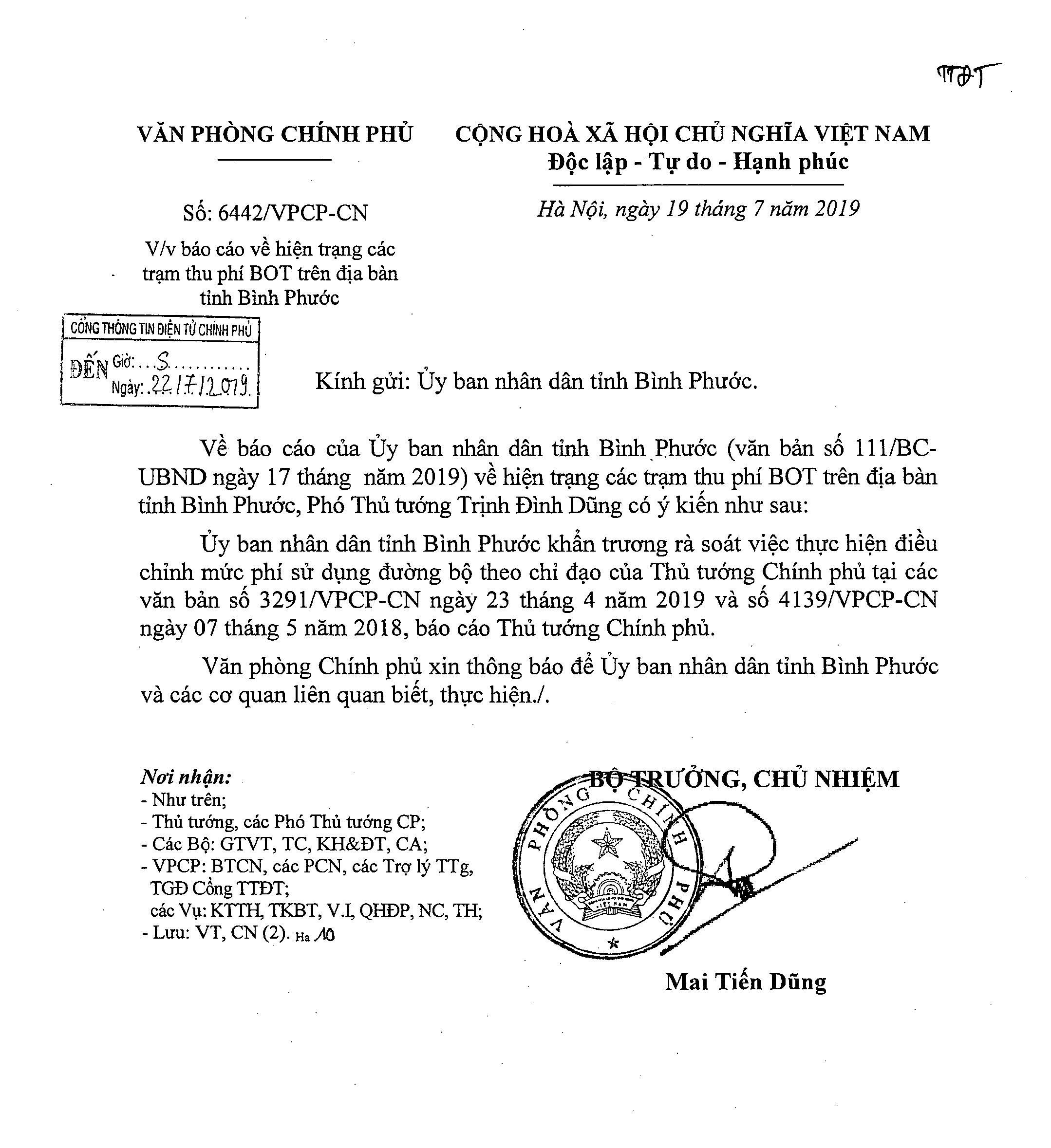 Văn bản yêu cầu UBND tỉnh Bình Phước khẩn trương rà soát việc điều chỉnh mức phí BOT theo chỉ đạo của Thủ tướng