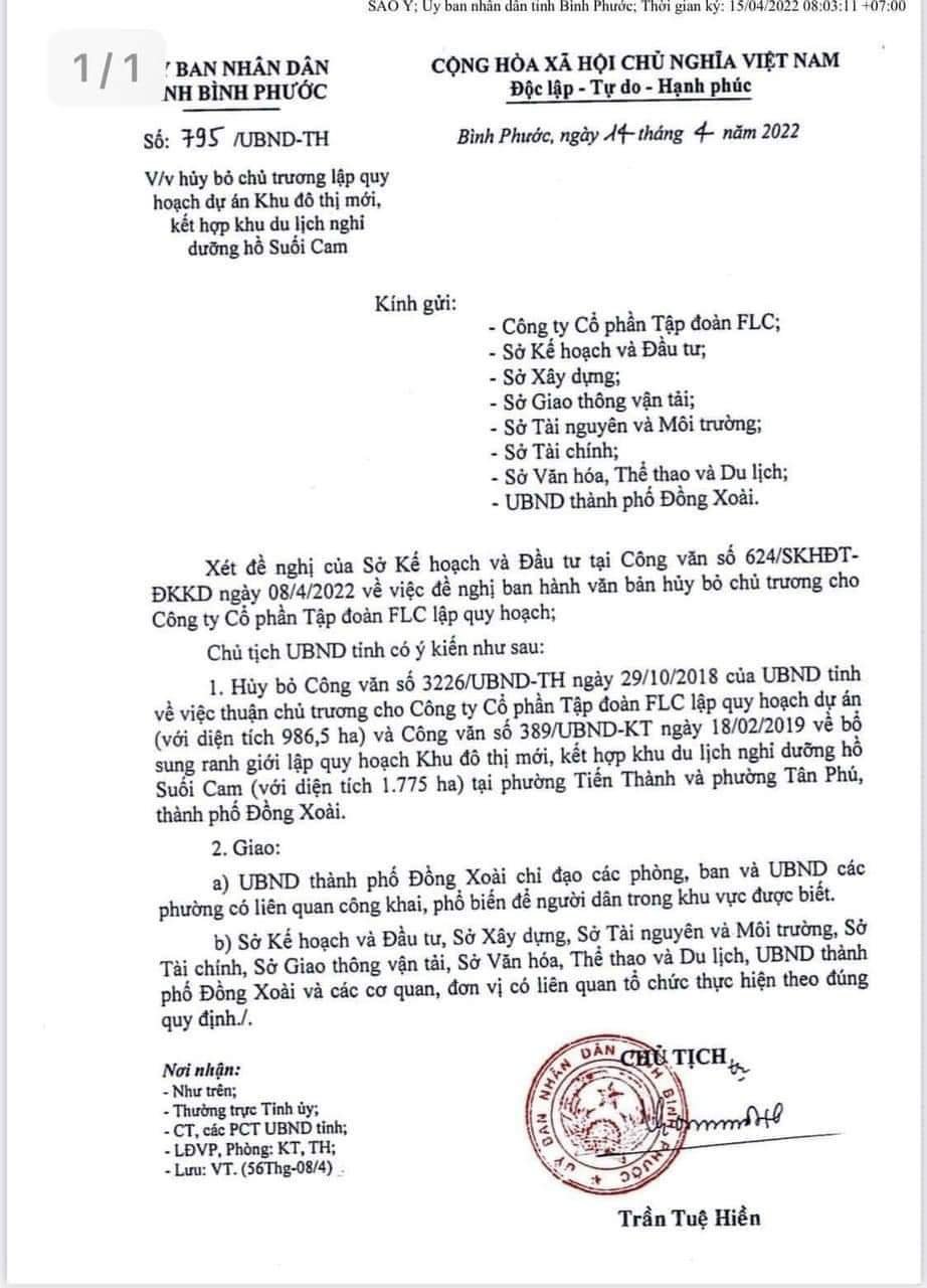 ngày 14/4/2022, Chủ tịch UBND tỉnh Bình Phước Trần Tuệ Hiền đã ký văn bản số 795/UBND-TH về việc hủy bỏ chủ trương lập quy hoạch dự án khu đô thị mới kết hợp du lịch nghỉ dưỡng hồ Suối Cam 