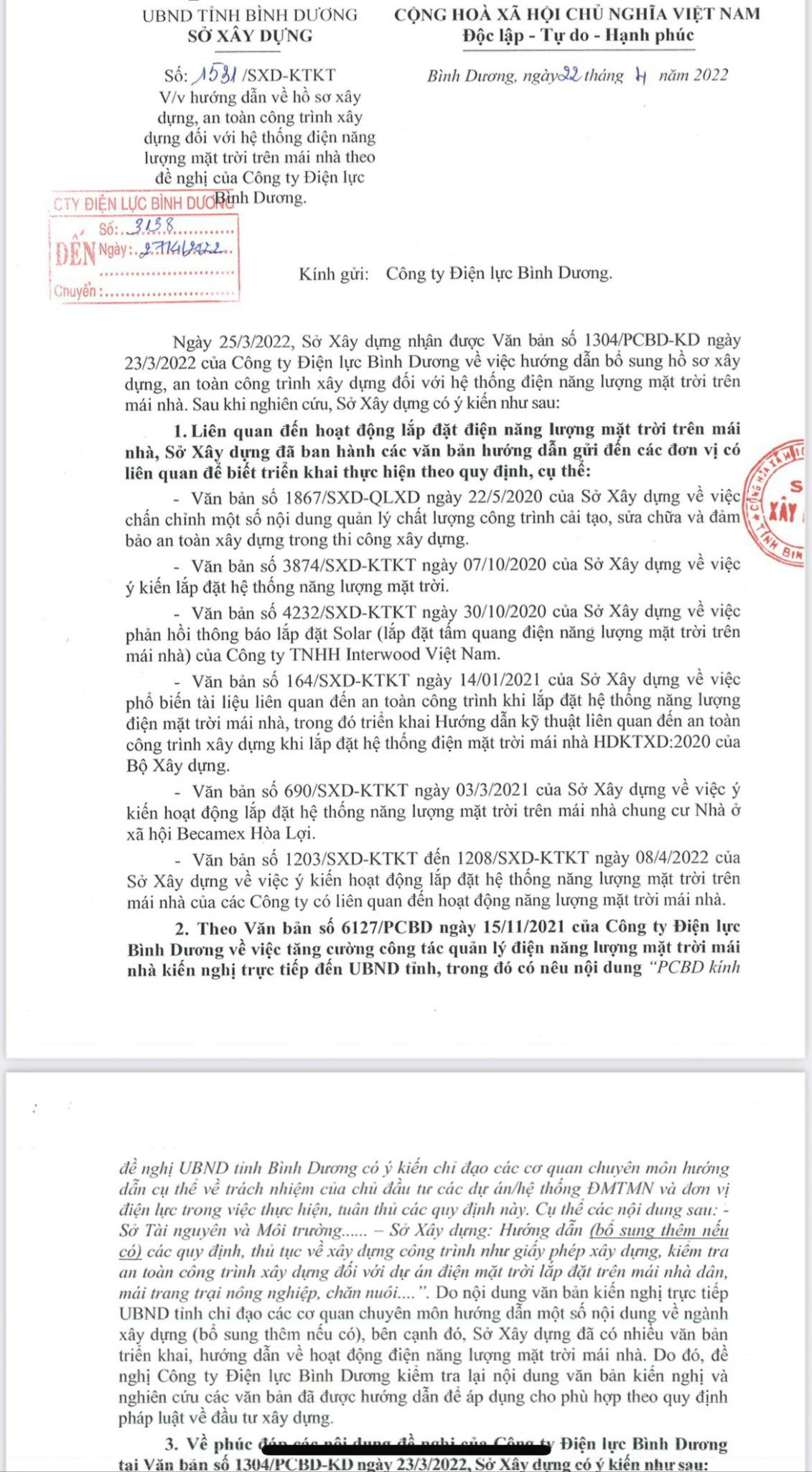 đại diện Công ty TNHH SoLar Sài Gòn, cho rằng: Trong câu chuyện này đang có sự hiểu nhầm của Sở Xây dựng Bình Dương khi trả lời Công ty Điện lực Bình Dương tại công văn số 1531/SXD-KTKT ký ngày 22/4/2022