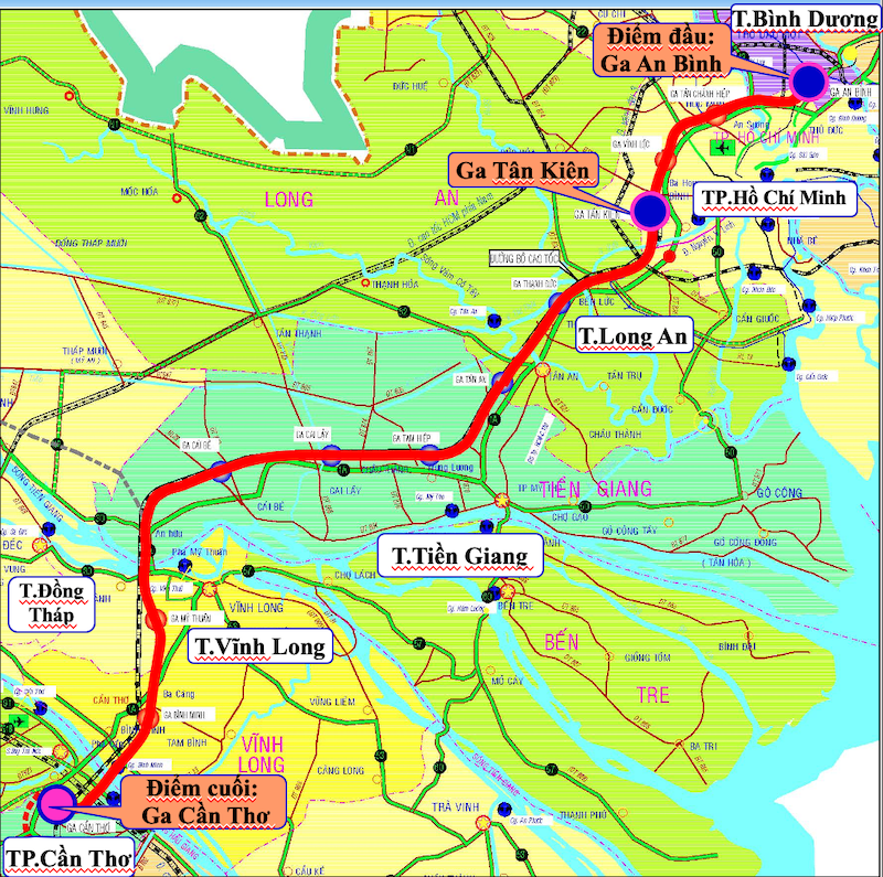 Ban QLDA đường sắt đề xuất tuyến đường sắt TP.HCM - Cần Thơ, được bắt đầu từ Bình Dương (ga An Bình) đến Cần Thơ (ga Cần Thơ), đi qua 6 tỉnh, thành phố với tổng chiều dài 174,42 km.