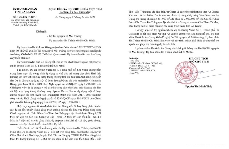 văn bản số 1606/UBND- KTN của UBND tỉnh An Giang về việc hỗ trợ cung cấp nguồn cát cho dự án đường Vành đai 3, Thành phố Hồ Chí Minh.