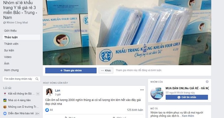 Số hàng trên được mua gom trôi nổi trên thị trường qua mạng xã hội Facebook như Nhóm sỉ khẩu trang Y tế rẻ 3 miền Bắc - Trung - Nam. Ảnh: Minh Khuyên