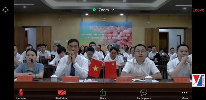 Các nhà nhập khẩu vải thiều tại điểm cầu Trung Quốc tham dự Hội nghị trực tuyến. (Nguồn ảnh: Bộ Công Thương)
