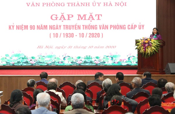 Phó Bí thư Thường trực Thành ủy Nguyễn Thị Tuyến nhấn mạnh tại Lễ kỷ niệm 90 năm Ngày truyền thống Văn phòng cấp ủy (10/1930 - 10/2020).
