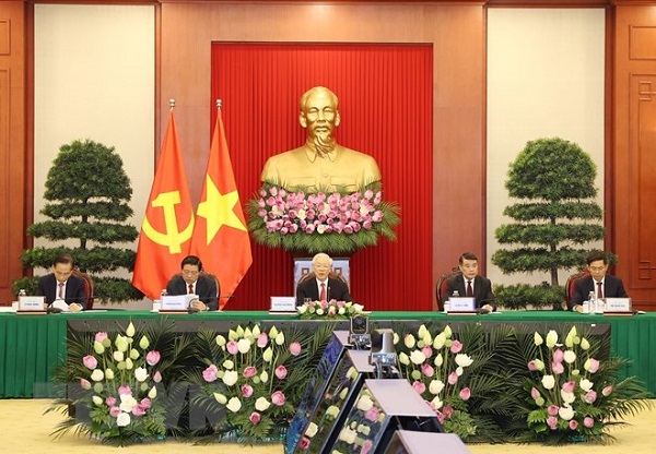 Đoàn đại biểu cấp cao Đảng ta dự Hội nghị thượng đỉnh trực tuyến giữa Đảng Cộng sản Trung Quốc với các chính đảng. Ảnh: TTXVN