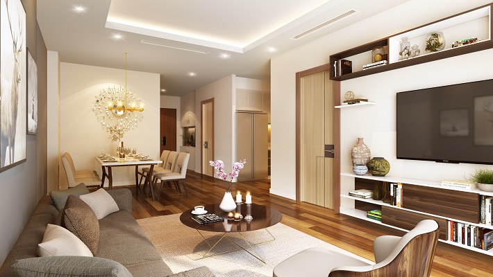 Nội thất trong căn hộ sử dụng những gam màu nâu gỗ, ghi nhạt, xám trắng vừa thân thiện với môi trường vừa hiện đại, sang trọng. Ảnh: TL