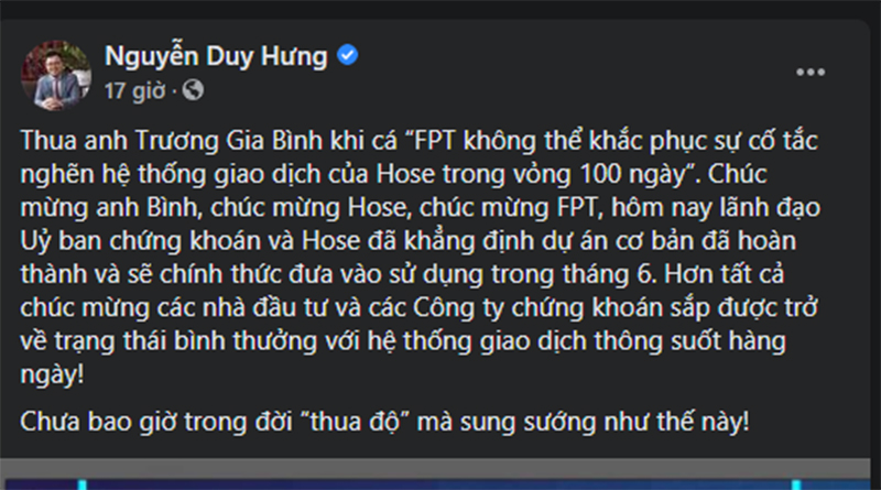 Chia sẻ của ông Nguyễn Duy Hưng, Chủ tịch SSI trên Facebook cá nhân.