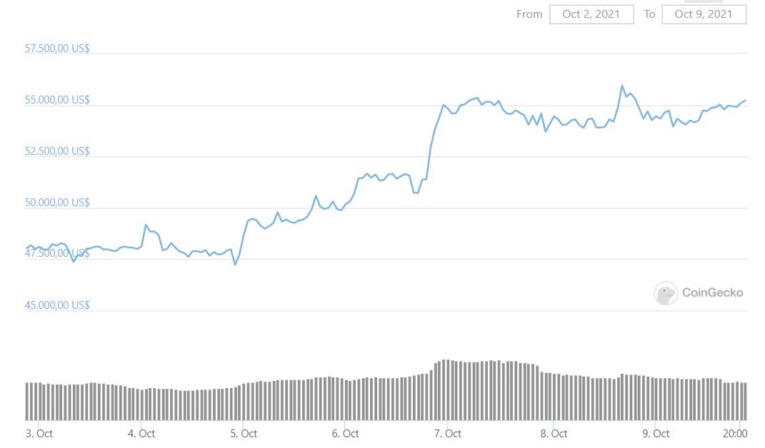 Biến động giá Bitcoin trong 7 ngày qua.