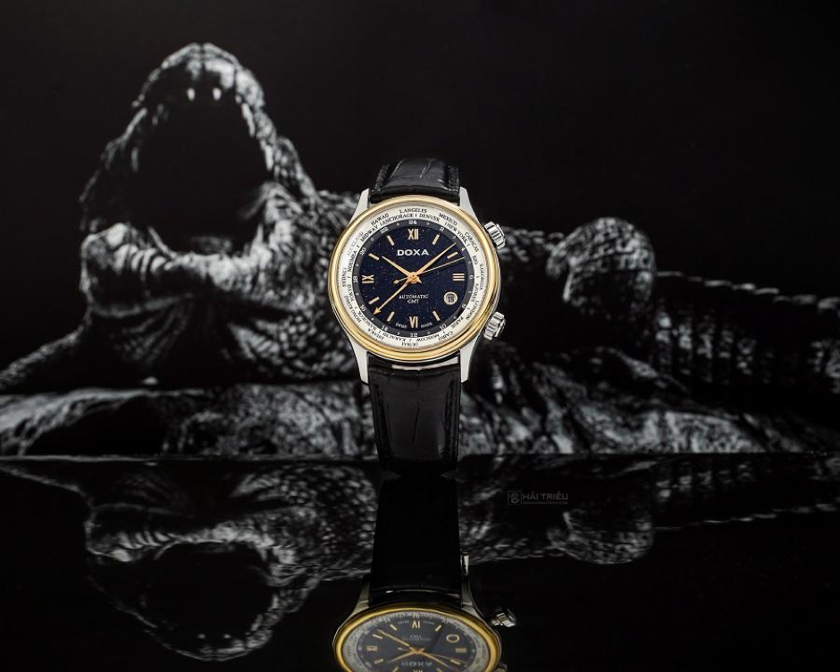 Doxa D181TBU - Mẫu đồng hồ vàng thật 18k nguyên khối, dây da cá sấu Mỹ và có thêm đá thạch anh xanh bán với giá hơn 160 triệu