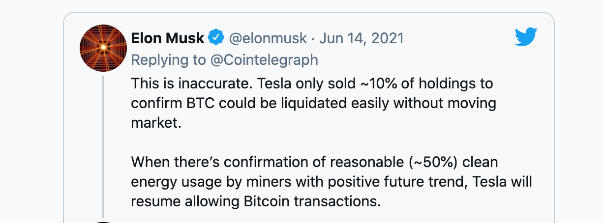 Musk tweet rằng sẽ chấp nhận thanh toán bằng bitcoin và cũng bác bỏ những cáo buộc rằng mình thao túng thị trường