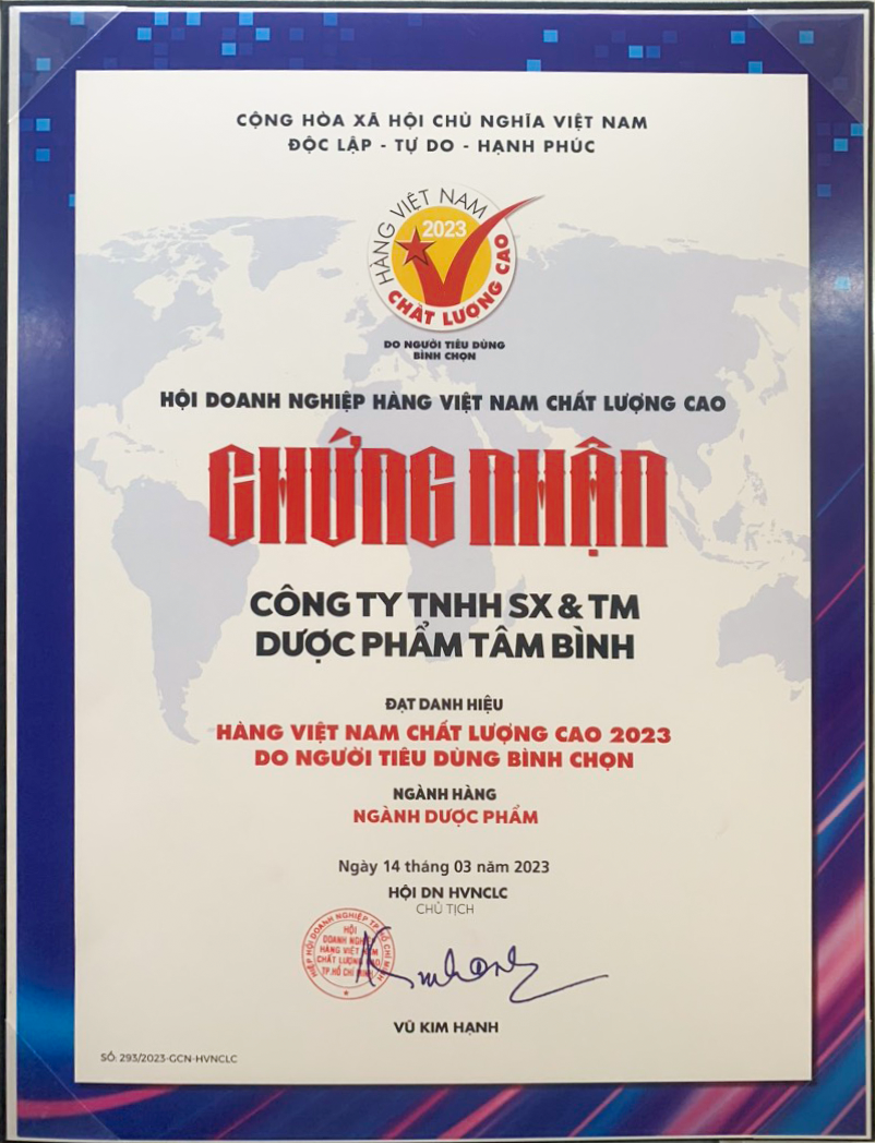 Dược phẩm Tâm Bình lần thứ 5 liên tiếp đạt chứng nhận Hàng Việt Nam chất lượng cao.