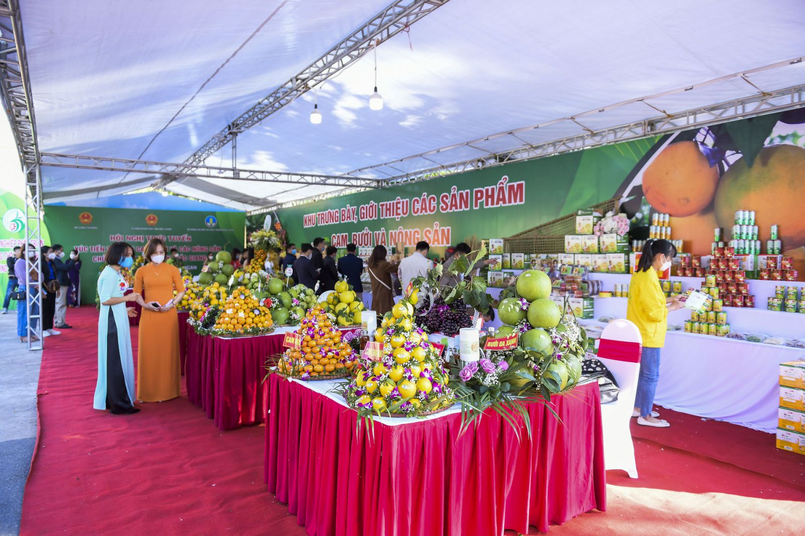 Nông sản được trưng bày tại Hội nghị trực tuyến với chủ đề “Xúc tiến tiêu thụ cam, bưởi và các nông sản chủ lực, đặc trưng của Bắc Giang”