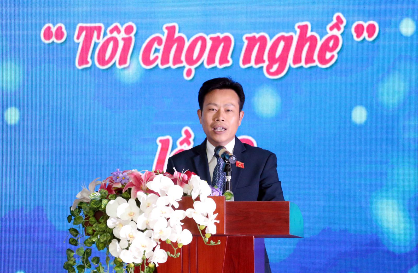 Ông Lê Quân phát biểu tại một sự kiện ở Trường CĐ truyền hình gần đây.
