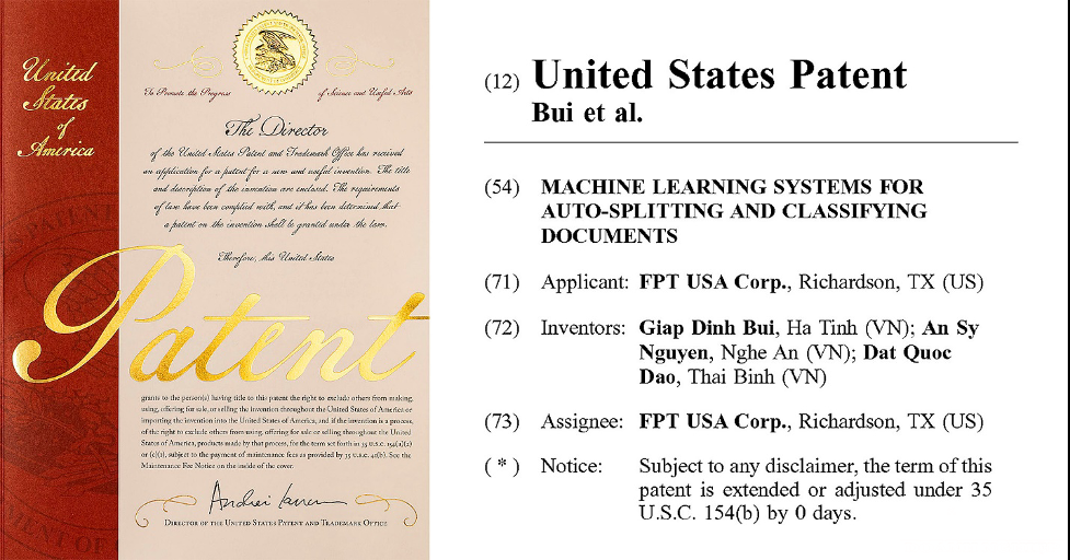 Văn phòng Sáng chế và Nhãn hiệu Mỹ (USPTO) đã chính thức cấp bằng sáng chế cho hệ thống máy học tự động tách và phân loại tài liệu, hiện được ứng dụng trong hai sản phẩm tự động hóa akaBot Vision và UBot Invoice.