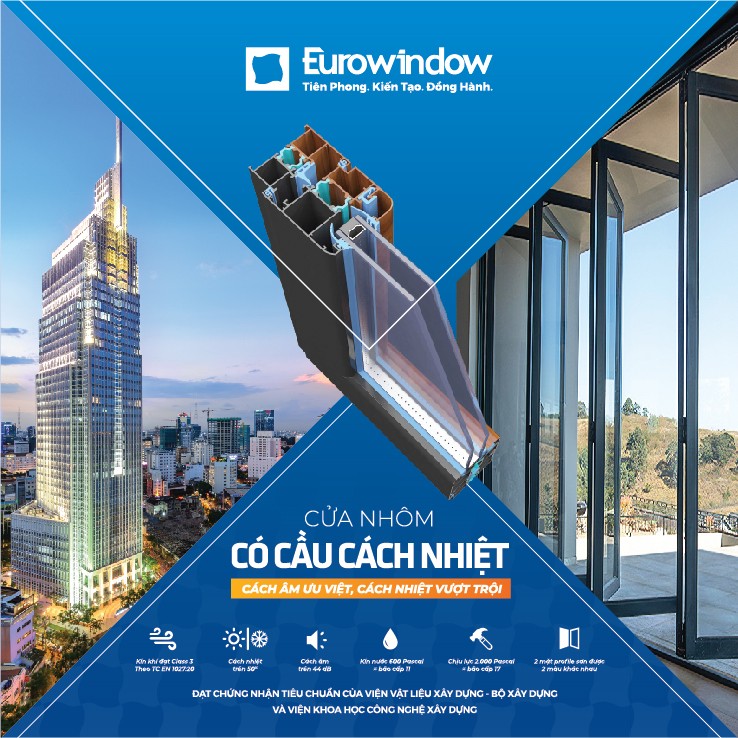 Cửa nhôm cao cấp thế hệ mới Eurowindow sản xuất từ profile có cầu cách nhiệt, sử dụng kính hộp, hệ gioăng kép cải tiến, được các chuyên gia đánh giá là giải pháp cửa nhôm ưu việt số 1 trên thị trường hiện nay.