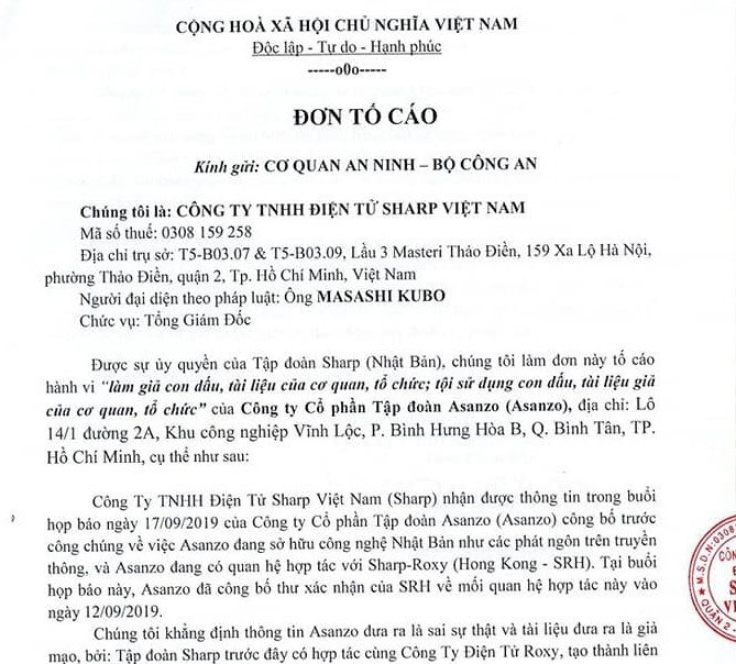 Toàn văn thư Sharp Việt Nam yêu cầu Asanzo xin lỗi, cải chính công khai.