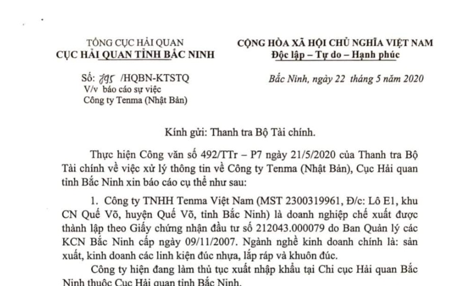 Báo cáo nhanh của Cục Hải quan Bắc Ninh về vụ việc liên quan đến nghi án Tenma đưa hối lộ cho quan chức Việt Nam.