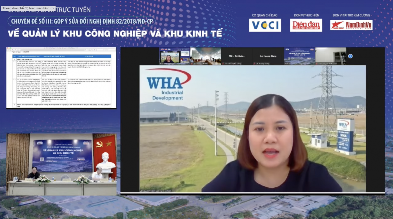 bà Nguyễn Thị Bích Liên, Tổng giám đốc công ty CP WHA Industrial Zone Nghệ An về Dự thảo Nghị định quản lý khu công nghiệp, khu kinh tế.