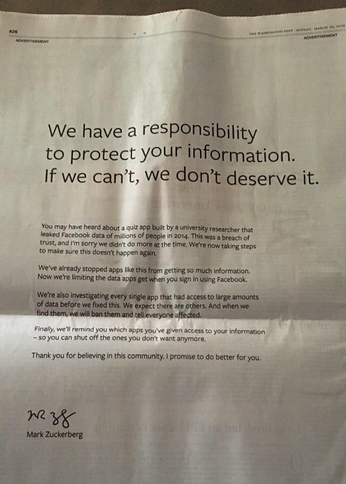 Lời xin lỗi của Facebook được đăng tải trên New York Times