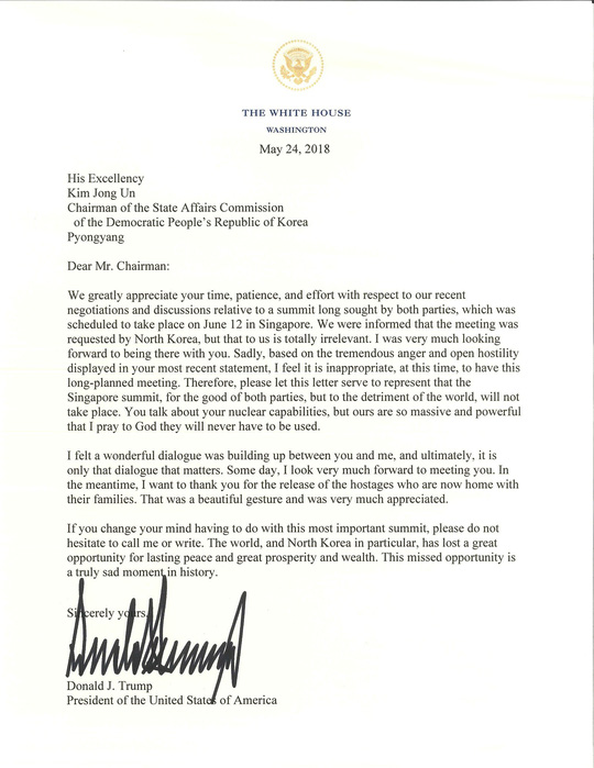 Toàn văn bức thư của Tổng thống Mỹ Donald Trump gửi Nhà lãnh đạo Triều Tiên Kim Jong-un