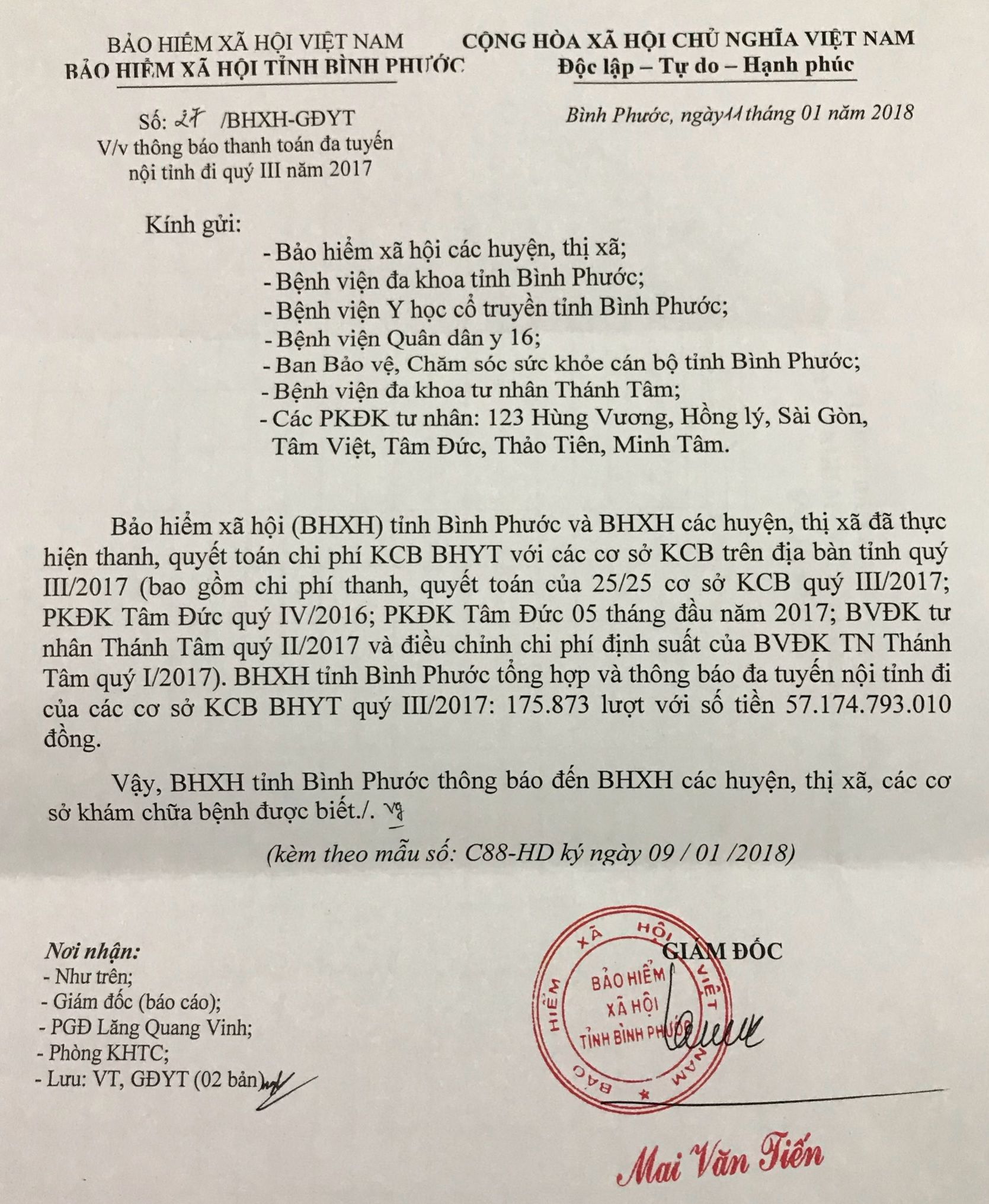 Công văn của BHXH Bình Phước khẳng định đã thanh toán hết tiền cho phòng khám Tâm Đức