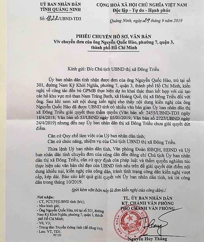 Nhiều lần ủy ban nhân dân tỉnh Quảng Ninh đã yêu cầu chủ tịch UBND thị xã Đông Triều nghiêm túc thực hiện, giải quyết kiến nghị cho dân dứt điểm, nhưng địa phương này vẫn 