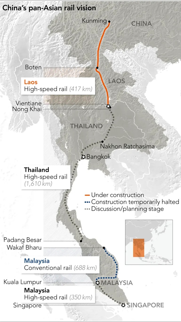 Quy mô tuyến đường sắt theo liên Á, nối liền Côn Minh của Trung Quốc, qua Thái Lan, Lào, Malaysia và kết thúc tại Singapore