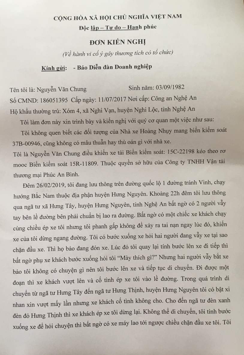 Đơn kiến nghị của anh Nguyễn Văn Chung gửi báo Diễn đàn Doanh nghiệp