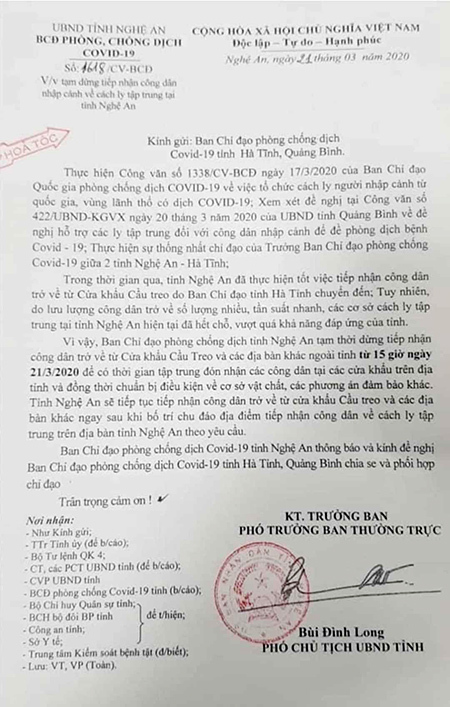 UBND tỉnh Nghệ An có công văn hỏa tốc về việc xin tạm dừng tiếp nhận công dân trở về nước đến cách ly từ 15h ngày 21/3