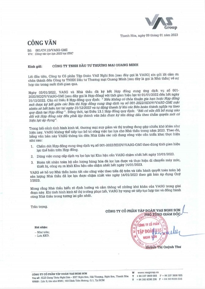 bằng văn bản nói trên, VASG yêu cầu Công ty Quang Minh chấm dứt Hợp đồng cung ứng dịch vụ số 001-2022/HDDV/VASG-QMI đã ký với nhau vào ngày 02/01/2022 theo đúng thời gian hiệu lực thể hiện trên Hợp đồng