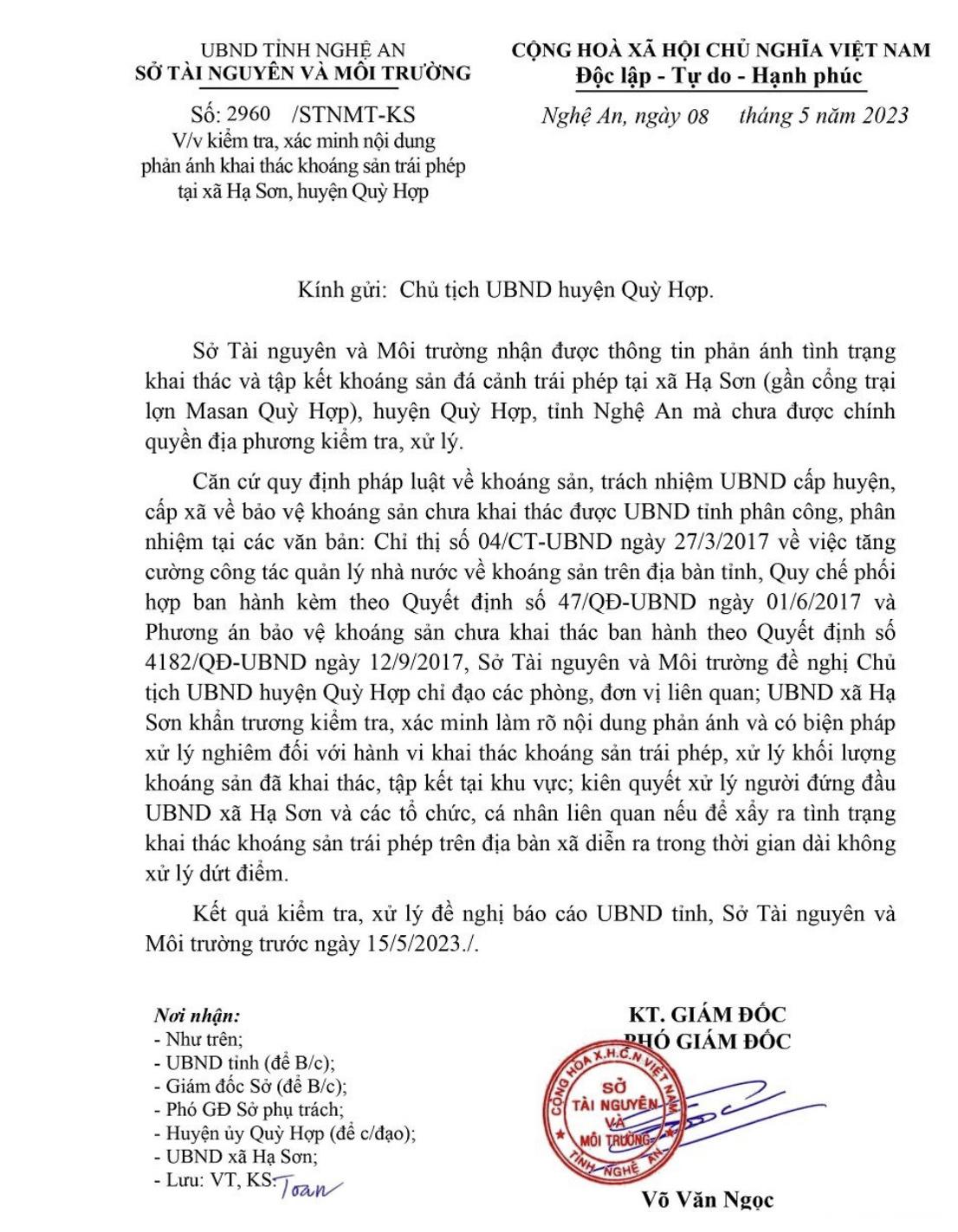 Sau khi được thông tin về vụ việc, Sở TN&MT đã có văn bản gửi Chủ tịch UBND huyện Quỳ Hợp để vào cuộc, xác minh và báo cáo UBND tỉnh