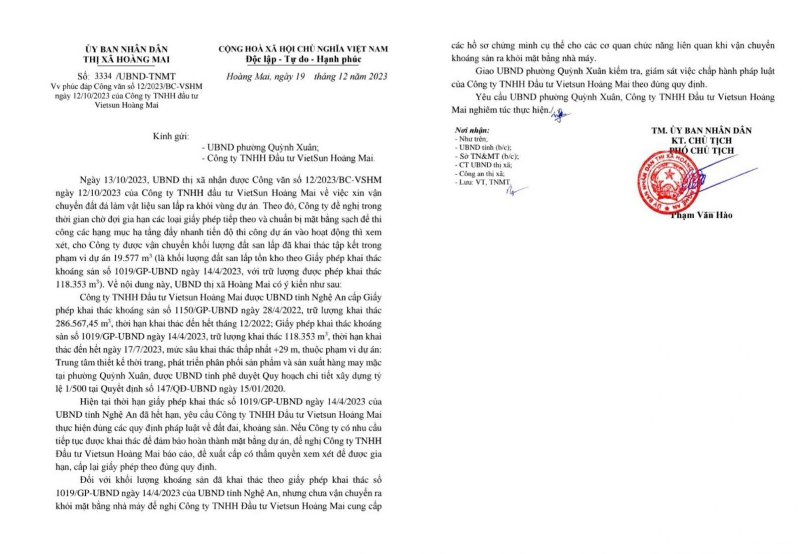 ông Phạm Văn Hào – Phó UBND TX Hoàng Mai đã ký, ban hành Công văn số 3334/UBND-TNMT ngày 19/12/2023 về việc phúc đáp Công văn số 12/2023/BC-VSHM ngày 12/10/2023 của Công ty TNHH Đầu tư VietSun Hoàng Mai.