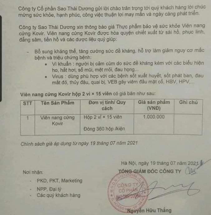 Bảng giá mới của công ty Sao Thái Dương công bố trước công văn của Bộ Y tế 5 ngày!