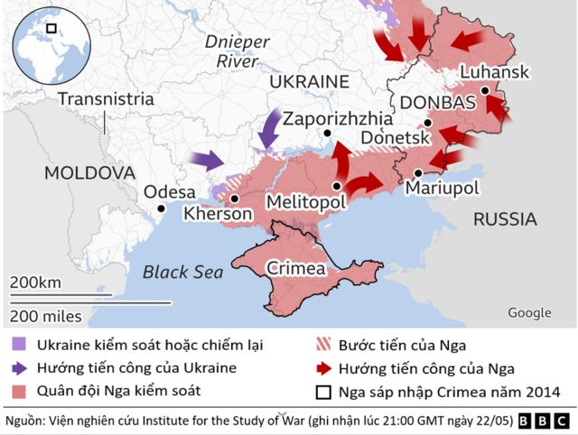 Vùng Nga chiếm đóng ngày một rộng hơn (Đồ họa BBC)