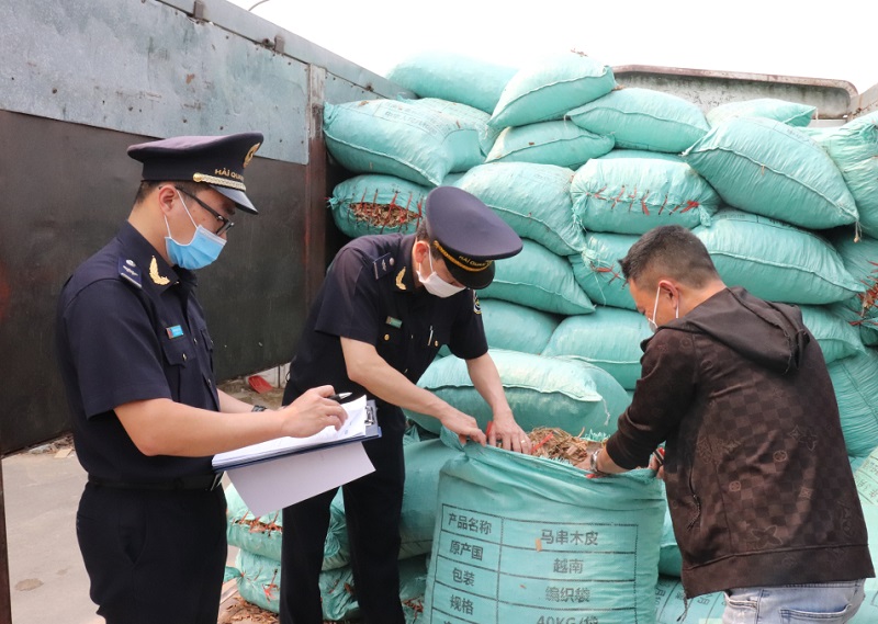 Lực lượng Hải quan Cửa khẩu Hoành Mô (huyện Bình Liêu) kiểm soát hàng hóa xuất nhập khẩu (Ảnh: Báo Quảng Ninh)