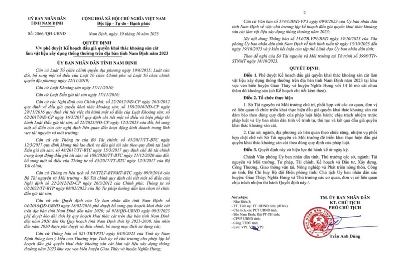 UBND tỉnh Nam Định đã ban hành quyết định số 2066/QĐ-UBND phê duyệt kế hoạch đấu giá quyền khai thác khoáng sản cát làm vật liệu xây dựng thông thường trên địa bàn tỉnh Nam Định năm 2023.