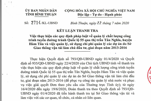 Kết luận thanh tra số 2714/KL-UBND của UBND tỉnh Bình Thuận