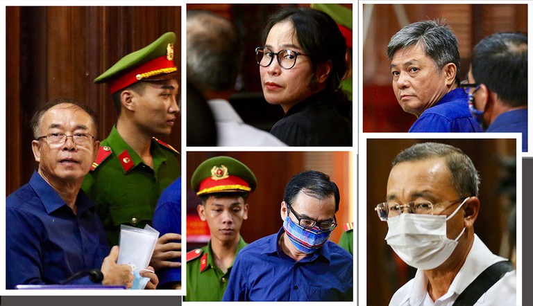 Các bị cáo Nguyễn Thành Tài, Lê Thị Thanh Thúy, Đào Anh Kiệt, Trương Văn Út, Nguyễn Hoài Nam tại phiên tòa ngày 19/9/2020