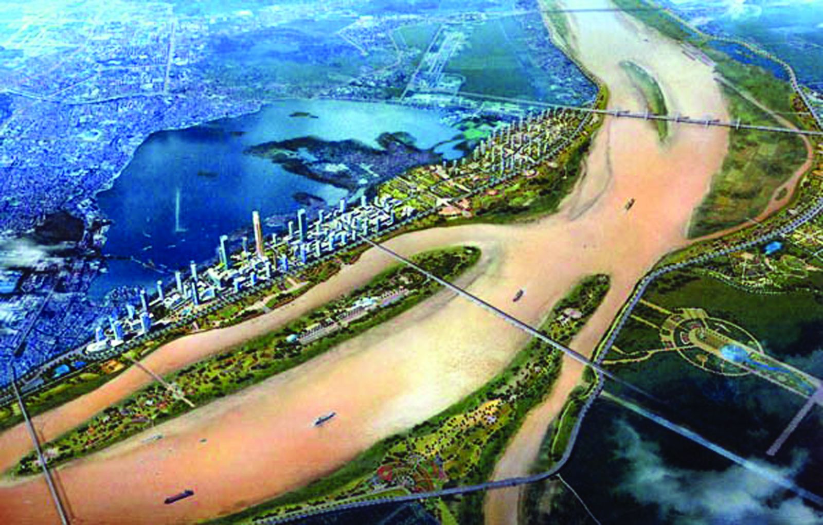 Phối cảnh khu vực 2 hữu ngạn. Nguồn- Dự án quy hoạch cơ bản phát triển sông Hồng - 2007