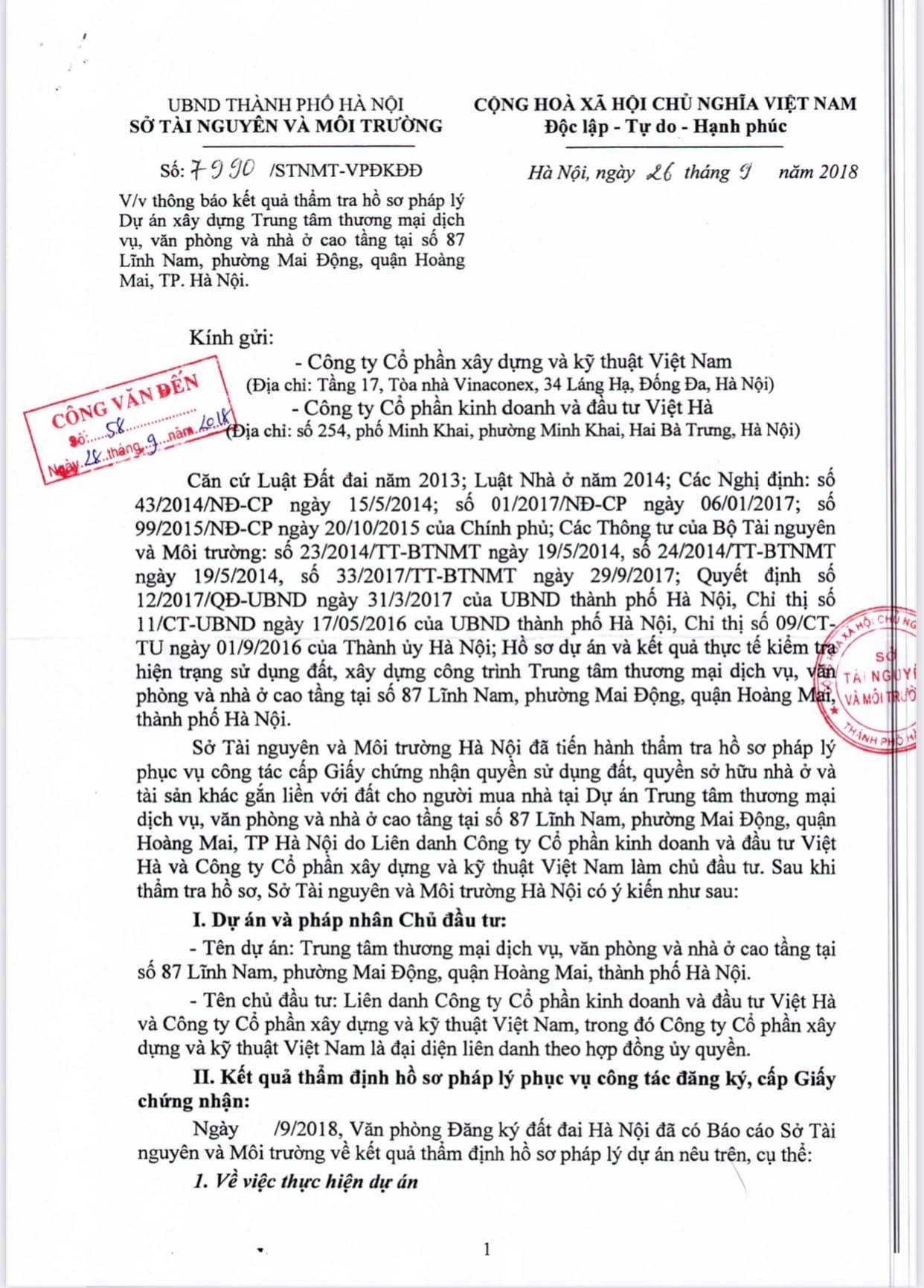 Theo văn bản thẩm tra pháp lý của dự án 87 Lĩnh Nam do Sở TNMT Hà Nội