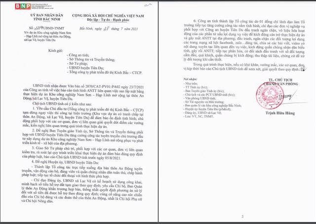 Văn bản của UBND tỉnh Bắc Ninhyêu cầu tạm dừng ngay việc thi công dự án Khu công nghiệp Nam Sơn - Hạp Lĩnh.