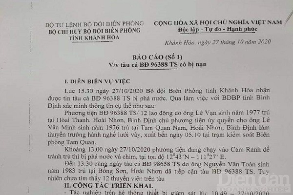 Báo cáo số 1 về việc tàu cá BĐ 96388TS bị chìm tại Vịnh Cam Ranh