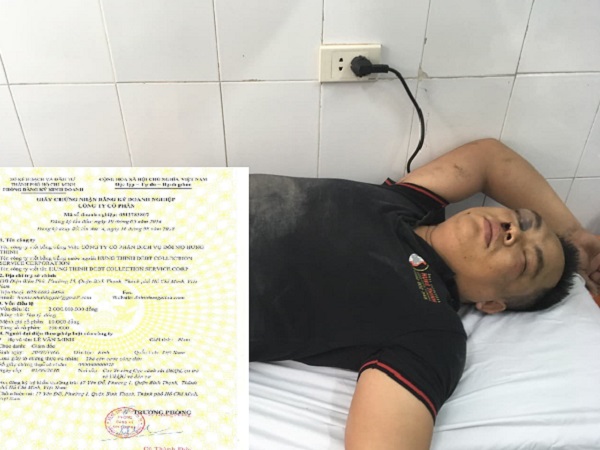 Một nhân viên Công ty Hưng Thịnh bị thương đang được điều trị (ảnh nhỏ là giấy đăng kí kinh doanh của Công ty Hưng Thịnh)