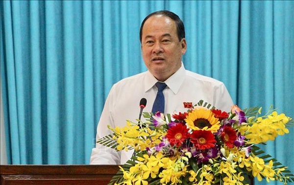 Tân chủ tịch UBND tỉnh An Giang Nguyễn Thanh Bình phát biểu sau khi các đại biểu thống nhất với số phiếu 65/65 phiếu đồng ý